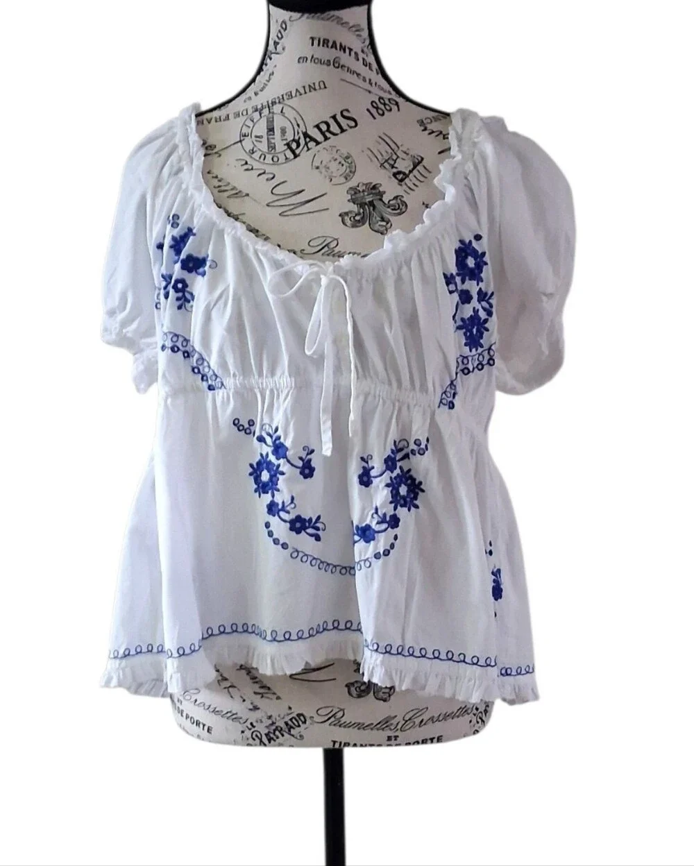 Anthropologie Puff-Sleeve Embroidered Babydoll Peasant Blouse Large
